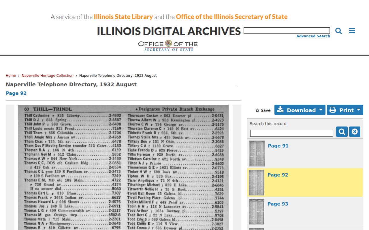 Digitized 1932 Naperville telephone directory page in Illinois Digital Archives
