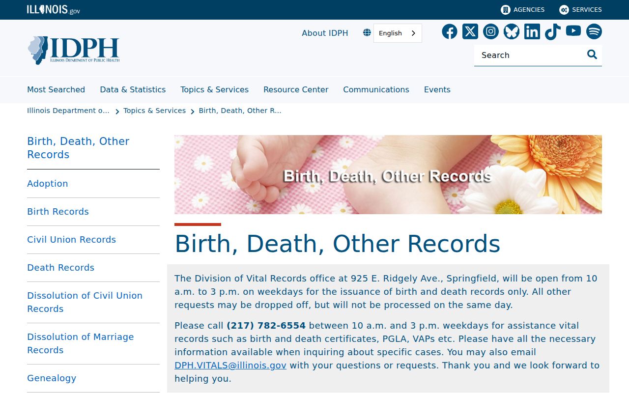 Illinois vital records page used for Naperville certificate research
