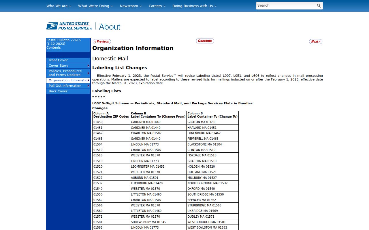 USPS routing bulletin for Naperville ZIP code labels
